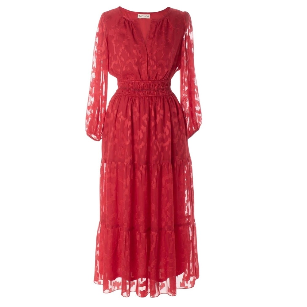 Taylor jacquard red maxi‎ long balloon sleeve cinched waist size 6 romantic